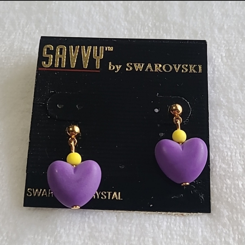 NWT Savvy by Swarovski Vintage 90s Matte Purple Heart Gold Drop Earrings